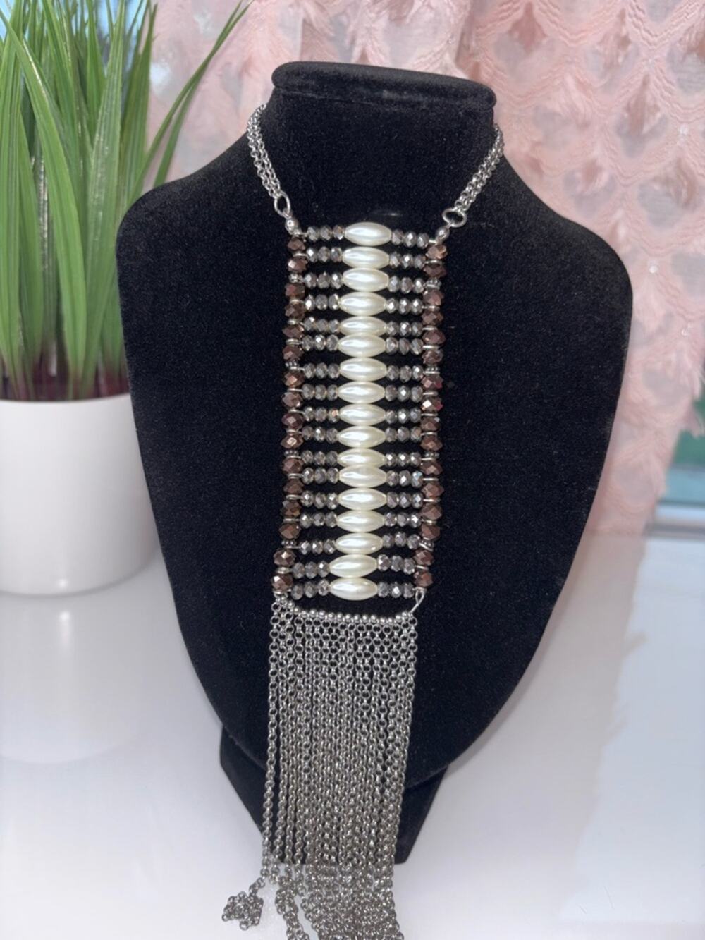 Chico’s Silver Fringe Statement Necklace Pearl Beaded Bib Chain